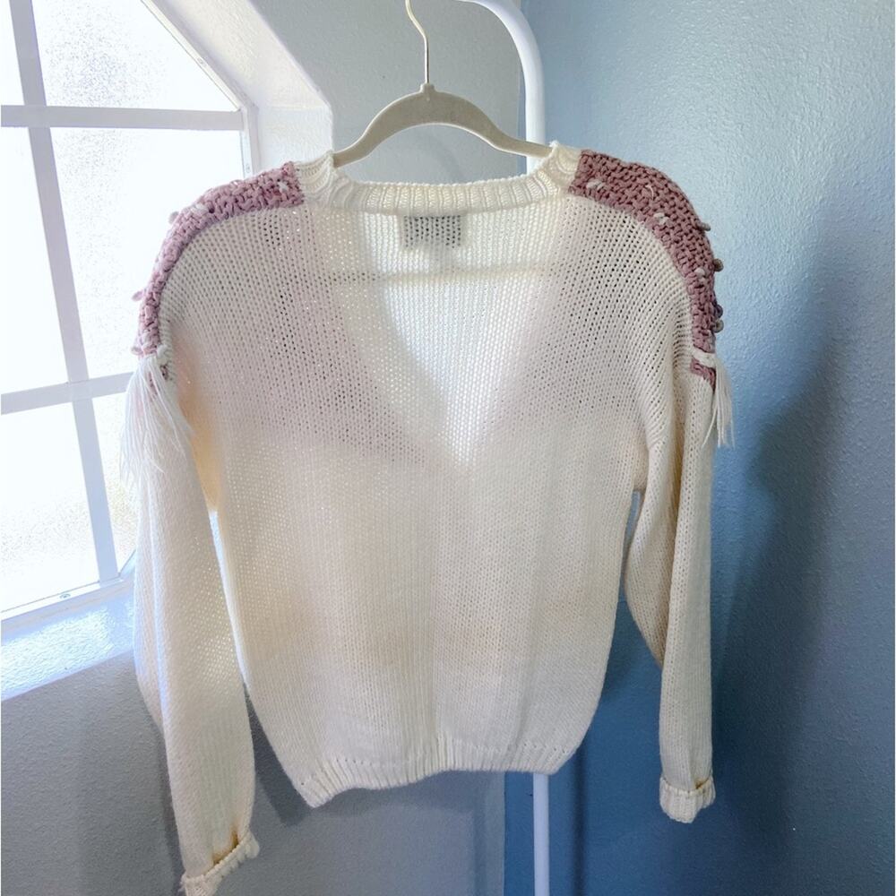 Vintage Cream with Pink Purple Floral Knit Sweater Cardigan Fringe - Picture 5 of 7